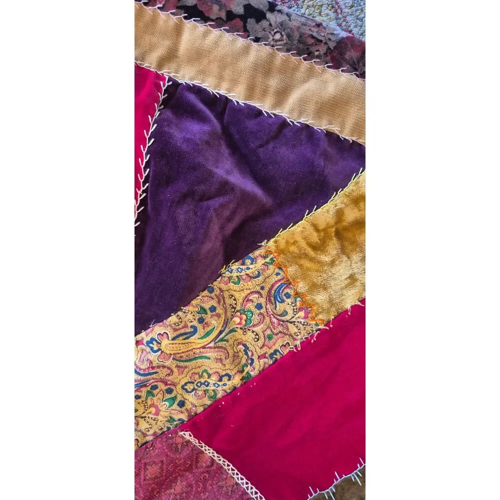 Vintage 1970s Handmade Velvet Crazy Quilt and Matching Pillow Set, Boho Eclectic